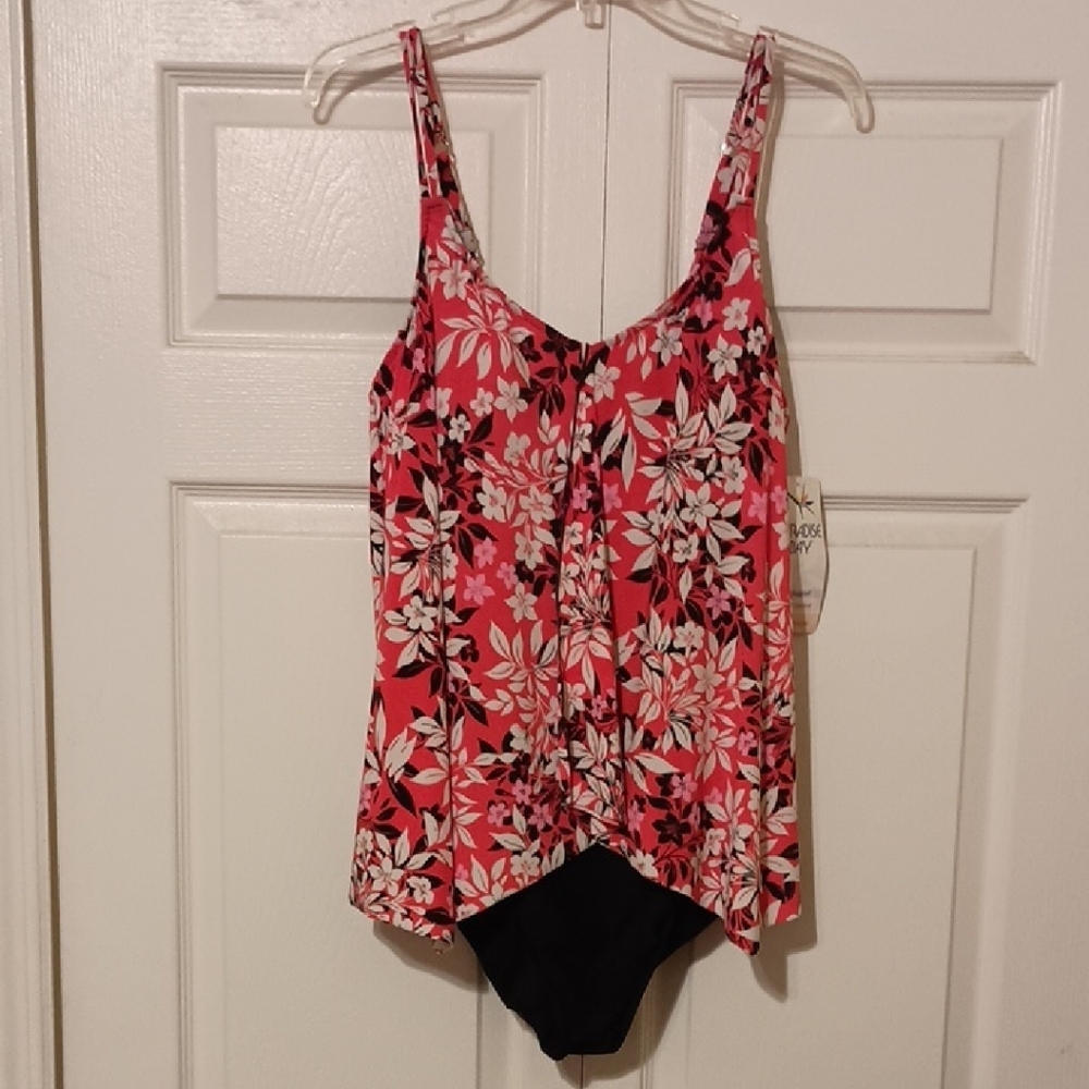 Paradise Bay Pink Black Floral Women's One Piece Handkerchief Swimsuit Sz 16 NWT